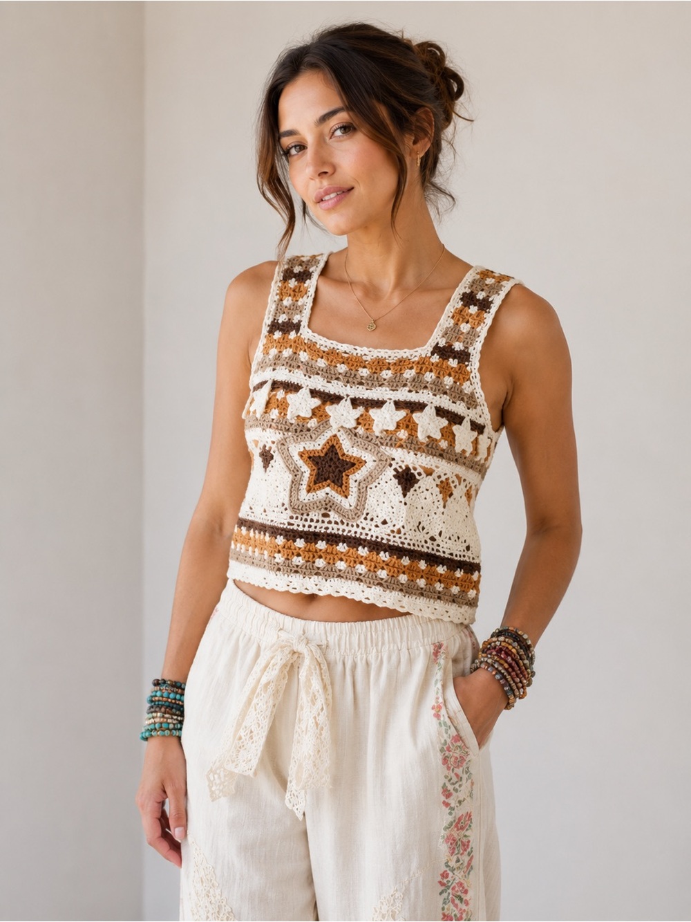 POL Starwoven Crochet Top Knit Crop Tank Boho Festival Cream Brown Medium